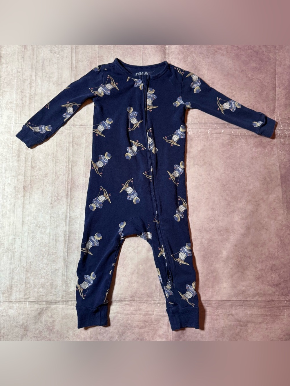Polo Ralph Lauren Teddy Bear Ski Romper 6-12 mo Navy Blue One Piece Bodysuit